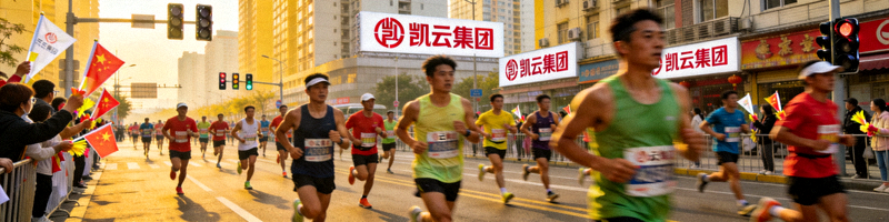 城市马拉松比赛现场，众多跑者穿过城市街道，背景有凯云集团冠名标识