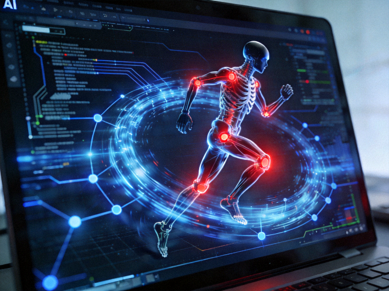 电脑屏幕上显示复杂的AI算法数据流与3D人体运动模型