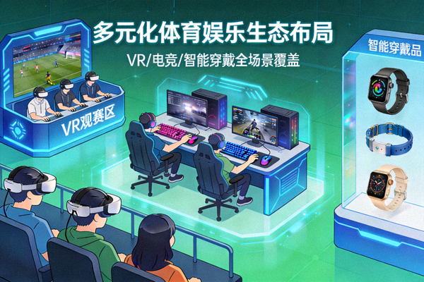 多元化体育娱乐场景融合展示，包括VR观赛、电竞比赛、智能穿戴设备等，体现生态布局