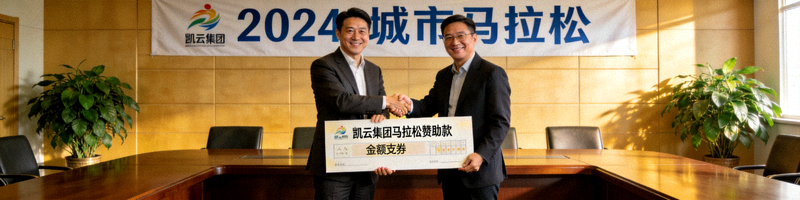 凯云集团代表向马拉松组委会代表递交赞助支票，双方握手合影