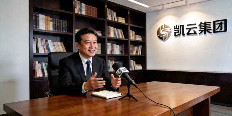 凯云集团董事长在现代化办公室内接受专访，背景是书架和集团logo，表情专注且充满信心
