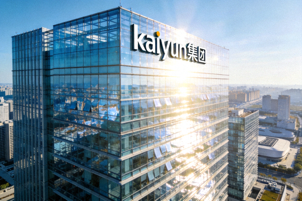 kaiyun集团总部大厦外观，现代玻璃幕墙建筑在阳光下熠熠生辉，楼顶有kaiyun集团logo