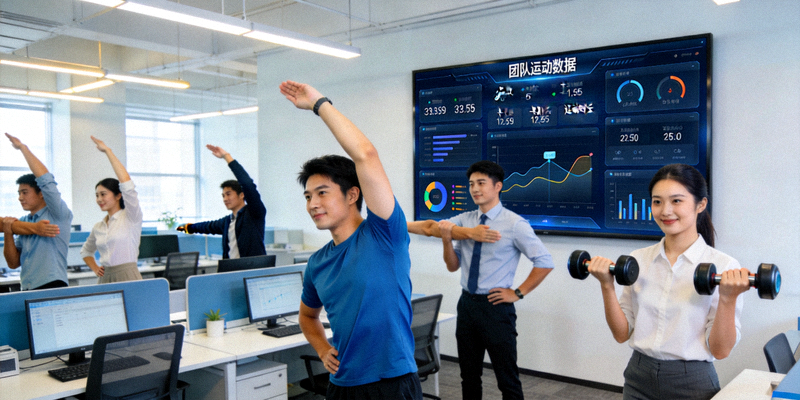 企业员工在办公室进行工间健身活动，墙上大屏显示团队运动数据