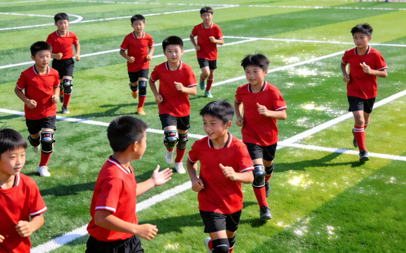 青少年足球运动员在新建的人工草皮足球场上进行团队战术训练