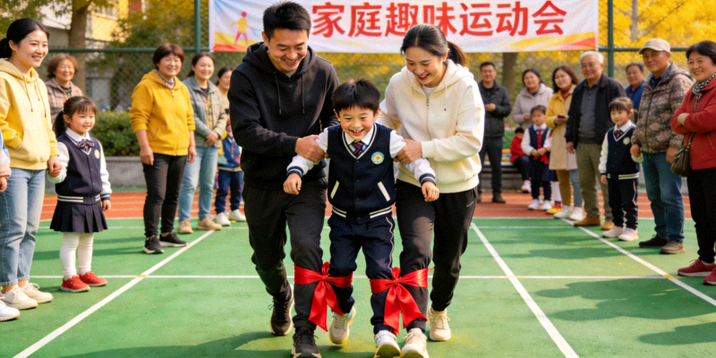 上海某社区举办的家庭趣味运动会现场，父母与孩子共同参与三人四足比赛，欢声笑语