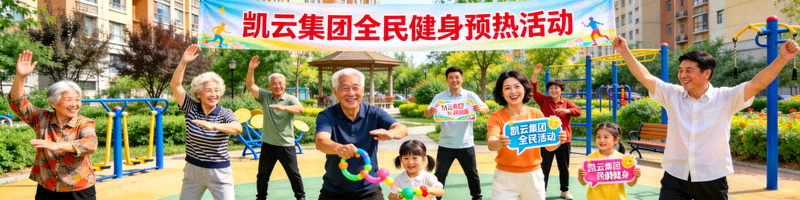 社区居民在公园参加凯云集团组织的全民健身预热活动，气氛热烈