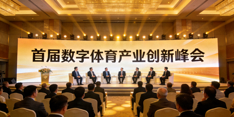首届数字体育产业创新峰会现场，舞台上有大型LED屏幕显示峰会主题，台下坐满了行业嘉宾，氛围隆重