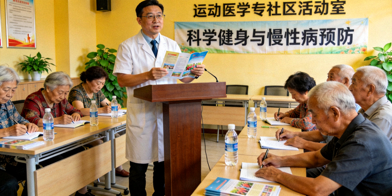 运动医学专家在社区活动室为老年居民讲解科学健身与慢性病预防知识，听众认真记录
