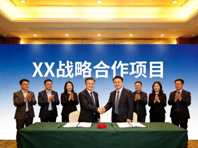 战略合作签约仪式现场，双方代表在签约台上握手，背景板显示合作项目