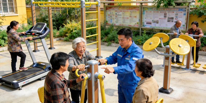 崭新的社区健身器材安装完成，居民们正在好奇地试用，工作人员在一旁指导